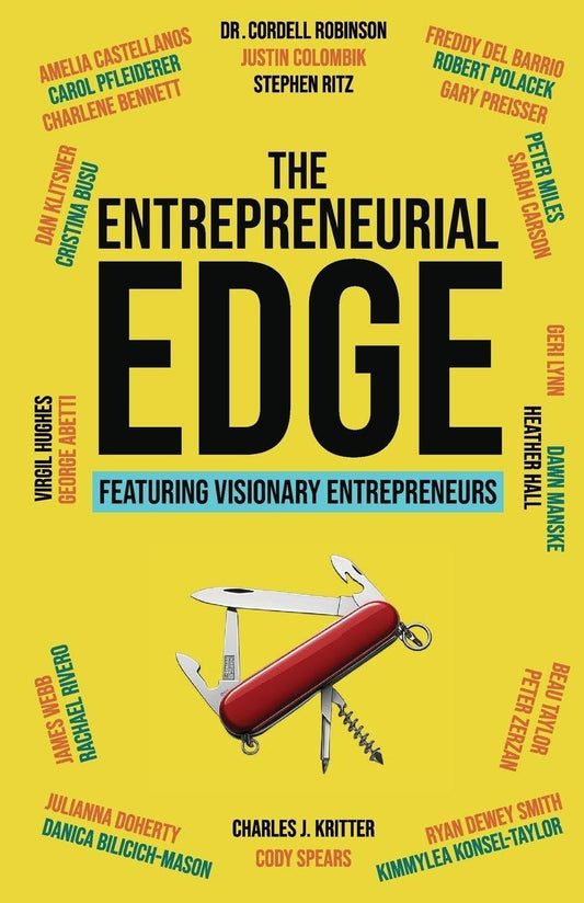 Book cover of 'The Entrepreneurial Edge' with a swiss army knife illustration on a yellow background.